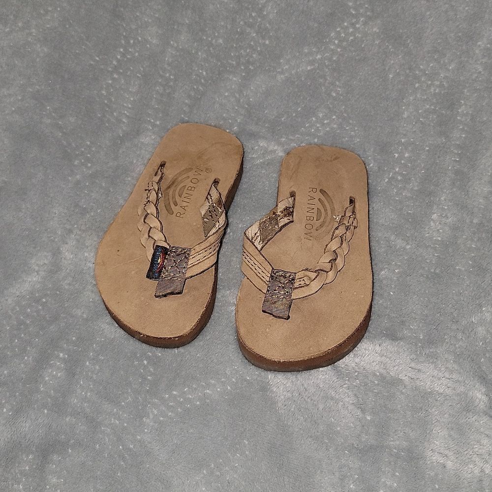 Rainbow Tan Brown Braided Leather Strap Thong Sandals Shoes Toddler Size 3 - 4